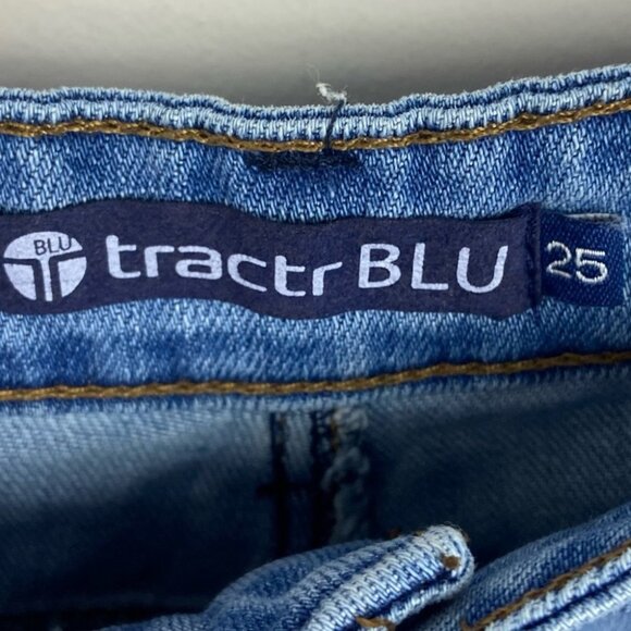 Tractr Blue Destructed Denim Shorts Gold Sequin Pockets Size 25 Bohemian Boho - Picture 7 of 11